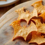 Baked Halloween tortilla chips shaped like spooky figures for festive snacking.