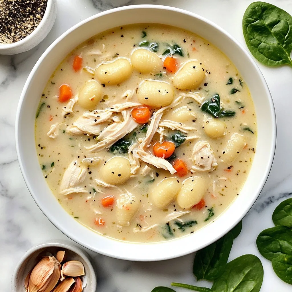 Bowl of Chicken and Gnocchi Soup garnished with herbs