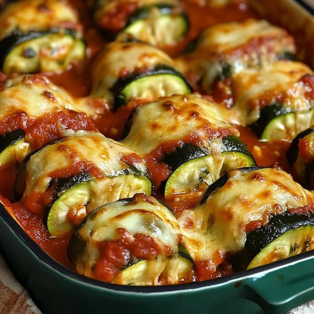 Vegan zucchini rollatini topped with marinara sauce and fresh basil