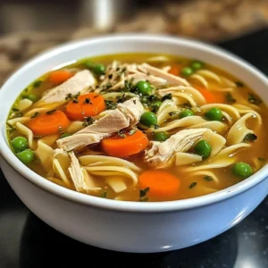 Bowl of AIP Chicken Noodle Soup with vegetables and chicken broth