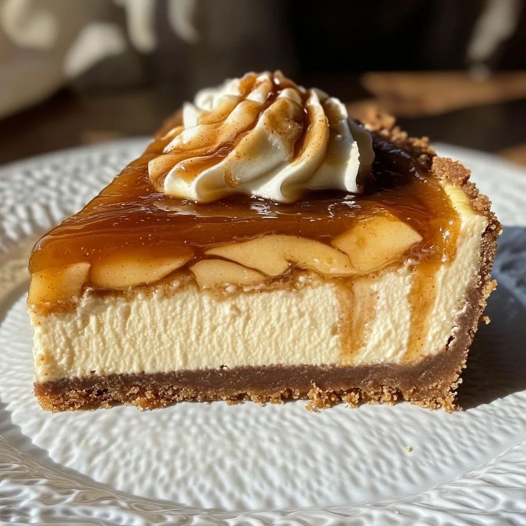 Delicious apple butter cheesecake topped with spices and caramel drizzle
