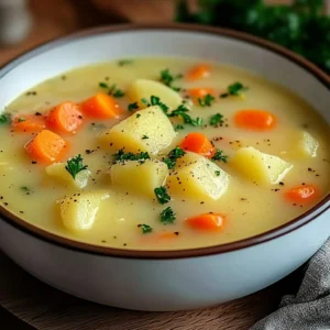 Bowl of authentic German potato soup garnished with herbs
