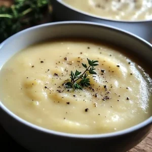 Creamy baked potato and leek soup served in a bowl with herbs