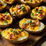 Crispy baked potato skins topped with cheese and bacon, ready to serve.
