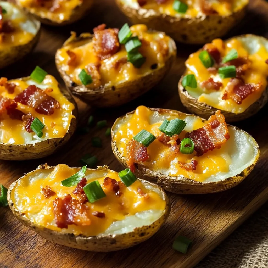 Crispy baked potato skins topped with cheese and bacon, ready to serve.