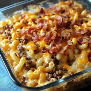 BBQ cheeseburger mac and cheese casserole topped with crispy breadcrumbs