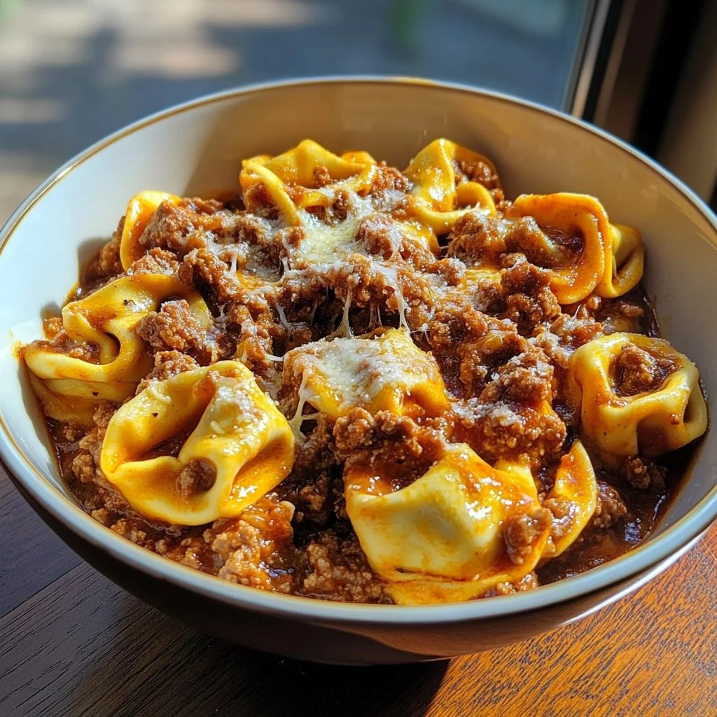 Delicious Beef Enchilada Tortellini served with toppings