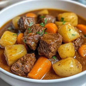 Delicious beef stew simmering in a pot with vegetables and herbs.