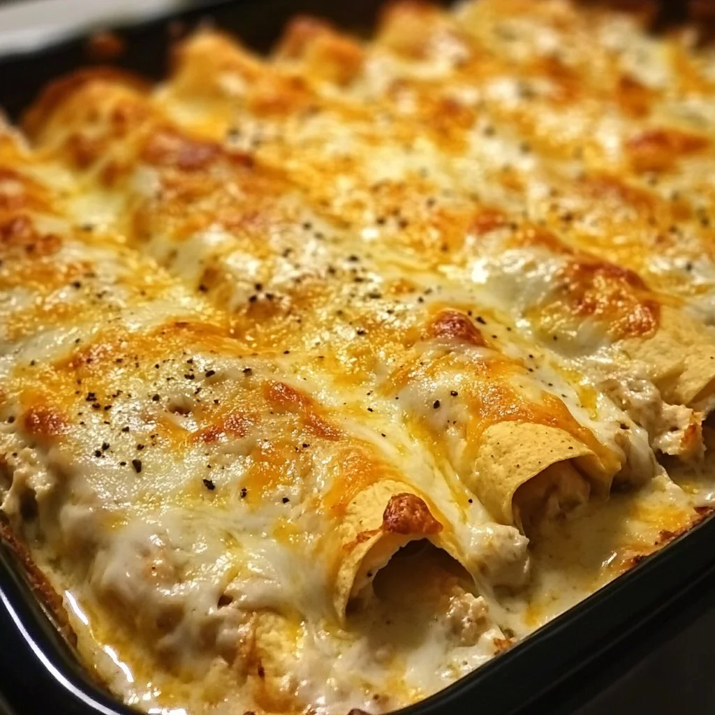 Cheesy chicken enchiladas topped with melted cheese and fresh cilantro.