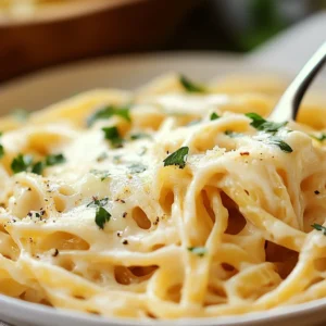 Delicious cheesy garlic parmesan spaghetti served in a white bowl.