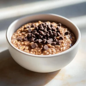 Bowl of Choco Oats Delight with chocolate drizzle and fresh berries