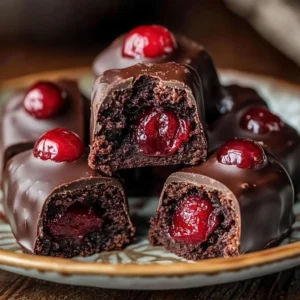 Delicious Chocolate Covered Cherry Brownie Bombs on a plate