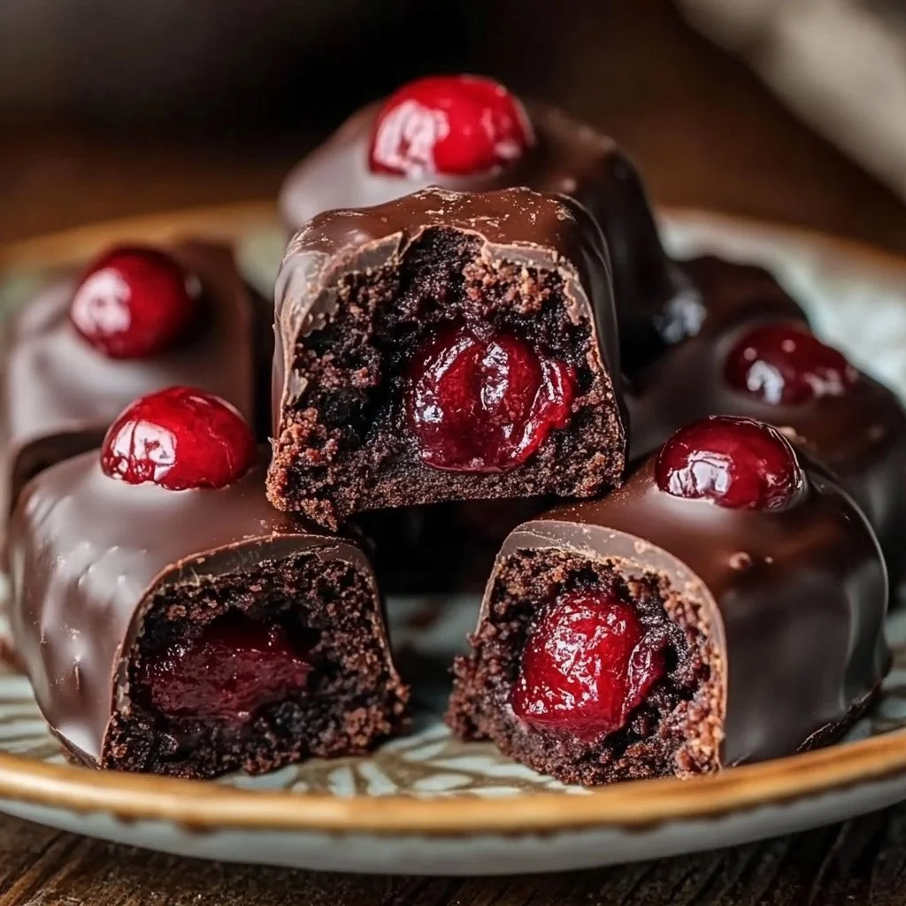 Delicious Chocolate Covered Cherry Brownie Bombs on a plate