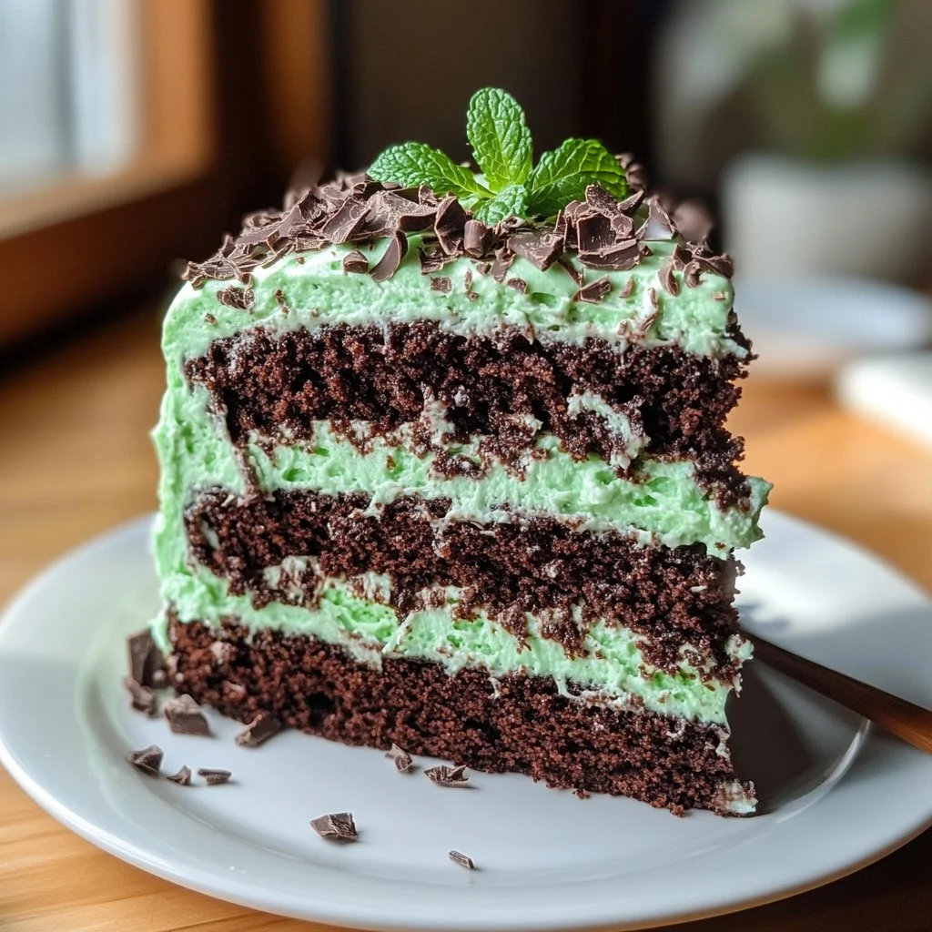 Chocolate Mint Christmas Cake decorated with mint leaves and chocolate shavings
