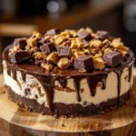 Delicious Chocolate Reese's Cheesecake topped with peanut butter and chocolate