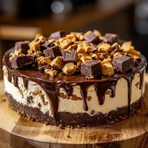Delicious Chocolate Reese's Cheesecake topped with peanut butter and chocolate