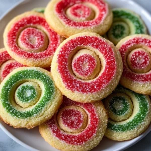 Colorful Christmas Pinwheel Cookies arranged on a festive plate