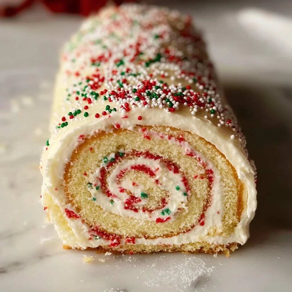 Christmas Vanilla Roll Cake decorated with festive toppings and creamy filling