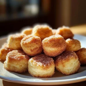 Plate of homemade cinnamon sugar biscuit bites with a sprinkle of cinnamon sugar on top
