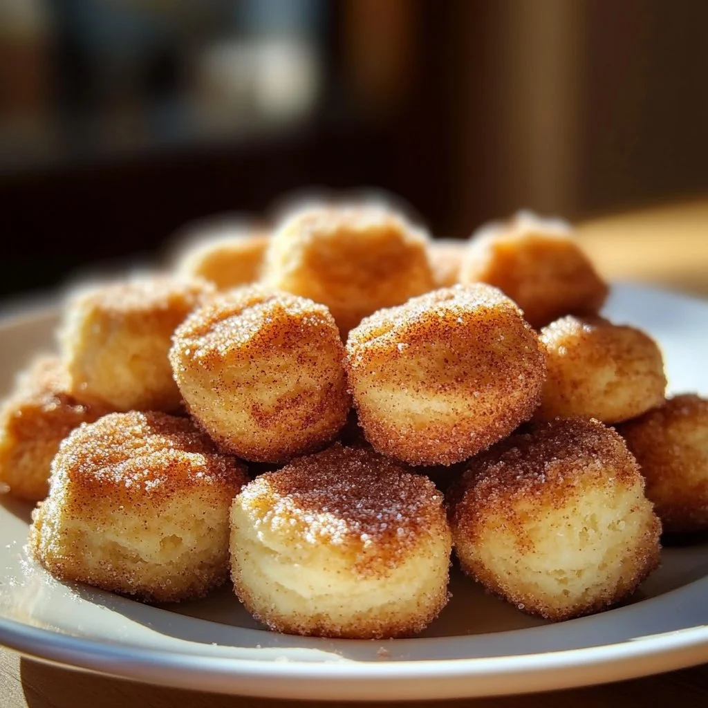 Plate of homemade cinnamon sugar biscuit bites with a sprinkle of cinnamon sugar on top