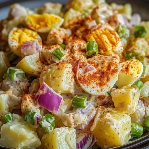 Bowl of classic Southern potato salad garnished with paprika and herbs