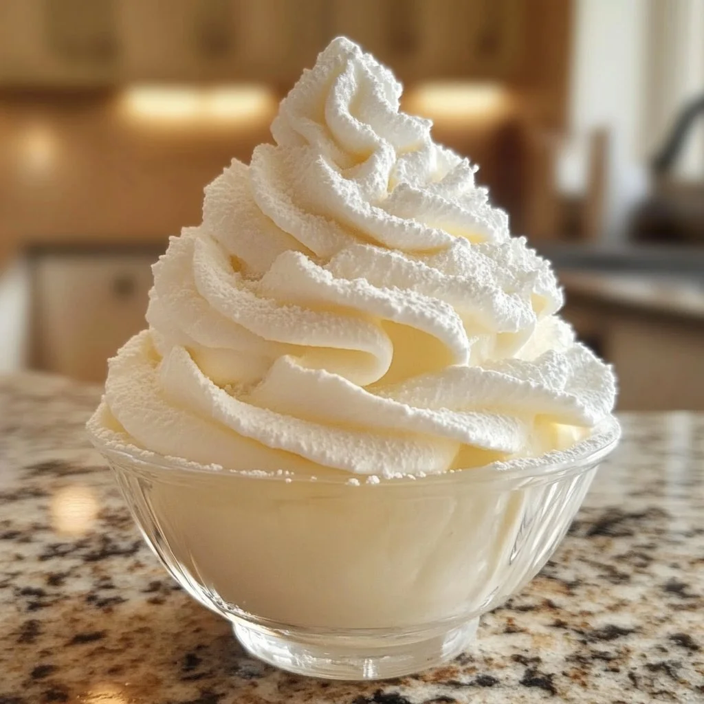 Delicious classic vanilla whipped cream topping for desserts