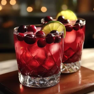 Assorted cranberry cocktails in glasses garnished with fresh cranberries