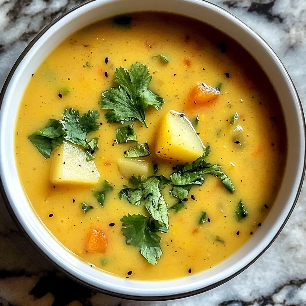 Bowl of creamy Asian potato soup garnished with herbs and spices.