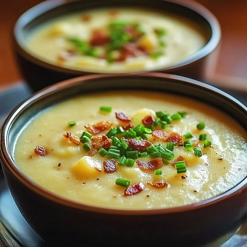 Bowl of creamy baked potato soup with toppings