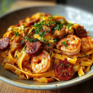 Creamy Cajun shrimp pasta with sausage served in a bowl, garnished with herbs.