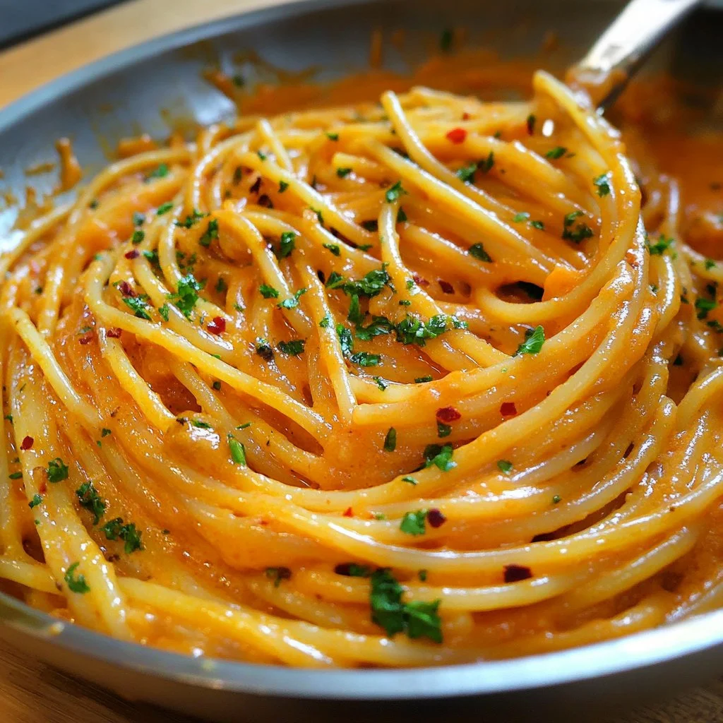 Plate of creamy caramelized onion pasta topped with herbs and cheese