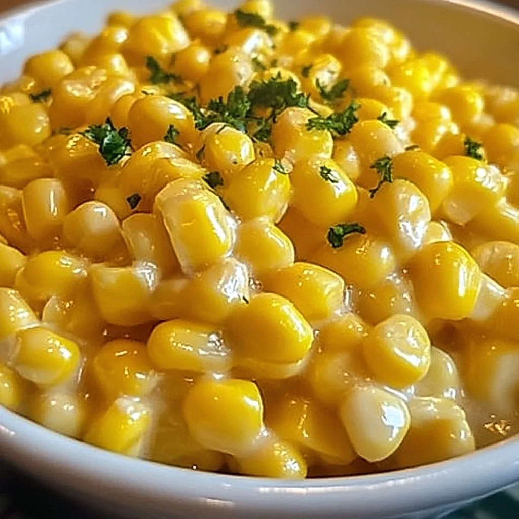 Creamy corn side dish served in a bowl, garnished with herbs