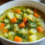 Bowl of creamy dill pickle soup garnished with fresh herbs