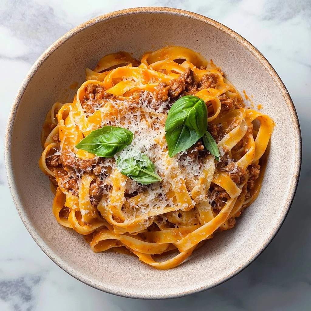Creamy fettuccine Bolognese pasta served in a bowl with fresh herbs