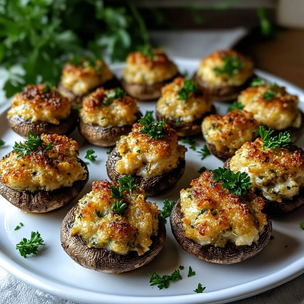 Creamy garlic crab stuffed mushrooms topped with herbs