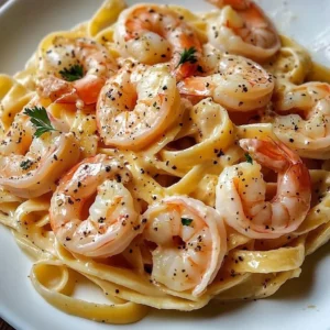 Plate of creamy garlic shrimp pasta with herbs and shrimp garnish