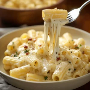 Creamy pesto chicken pasta bake garnished with fresh basil and parmesan cheese