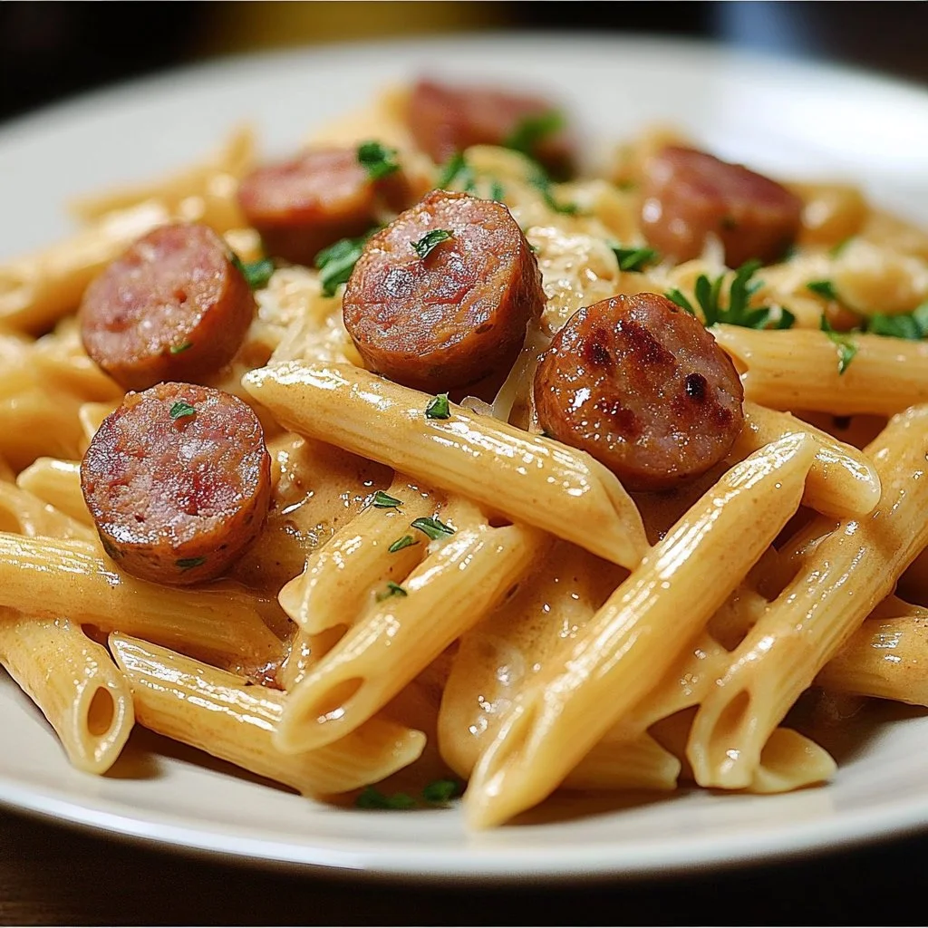 Creamy smoked sausage pasta dish garnished with herbs in a bowl