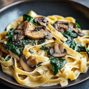 Creamy Spinach Mushroom Pasta served in a bowl with fresh herbs
