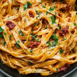 Creamy vegan sun-dried tomato pasta garnished with fresh herbs