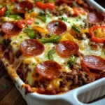 Crock Pot Low Carb Pizza Casserole topped with cheese and pepperoni