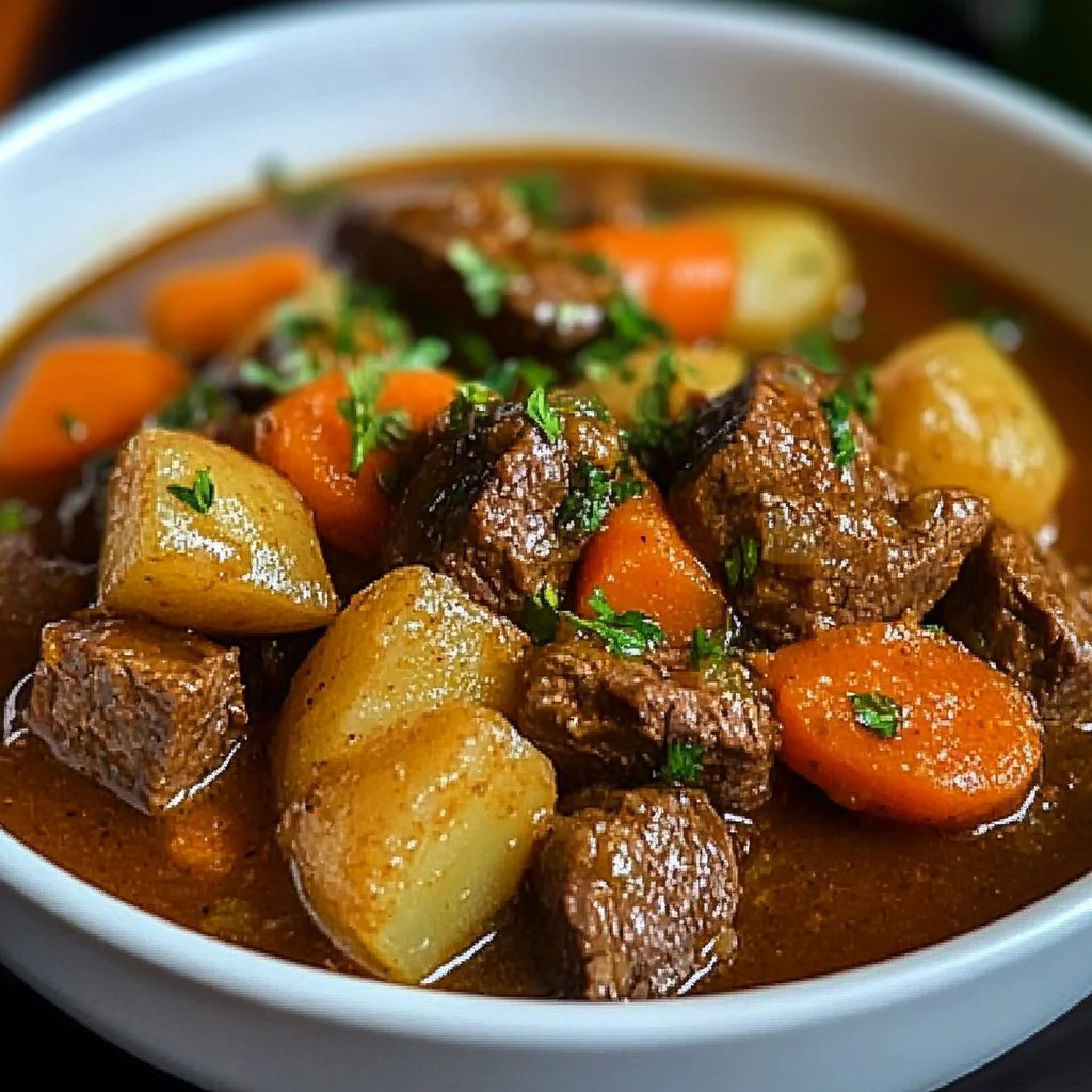 Crockpot beef stew with vegetables and herbs in a rustic bowl