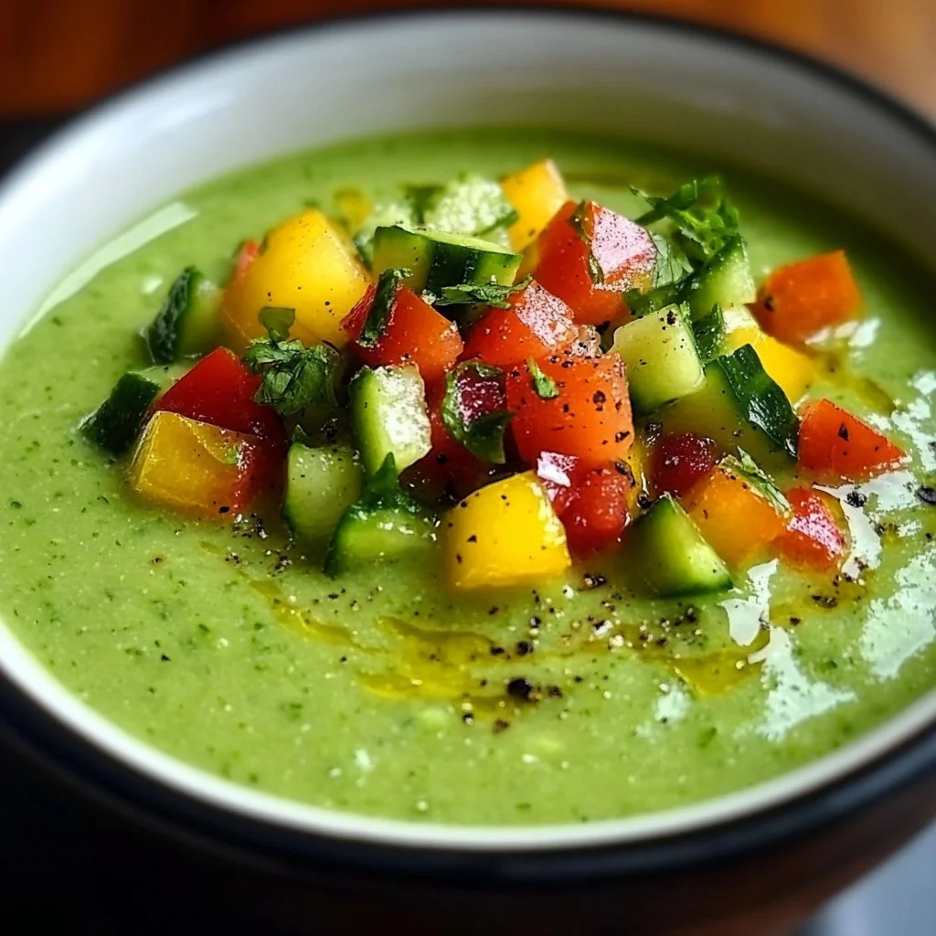Chilled cucumber gazpacho served in a bowl with fresh herbs and vegetables