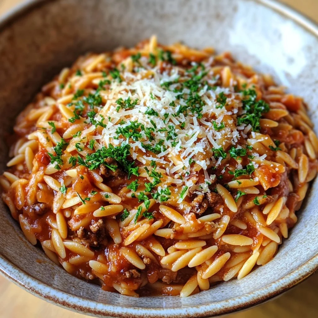 Delicious ground beef orzo dish served in a bowl with herbs and vegetables