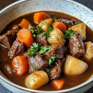 Bowl of hearty homemade beef stew with vegetables and herbs
