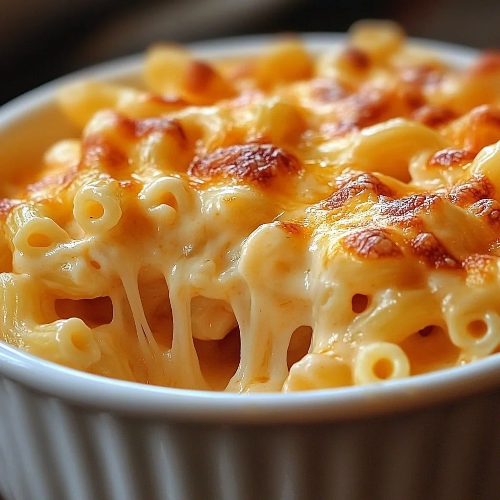Delicious homemade mac and cheese served in a bowl topped with breadcrumbs.