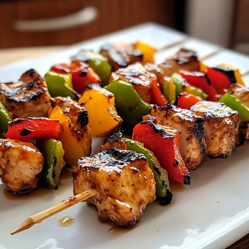 Delicious juicy teriyaki chicken skewers grilled and garnished.