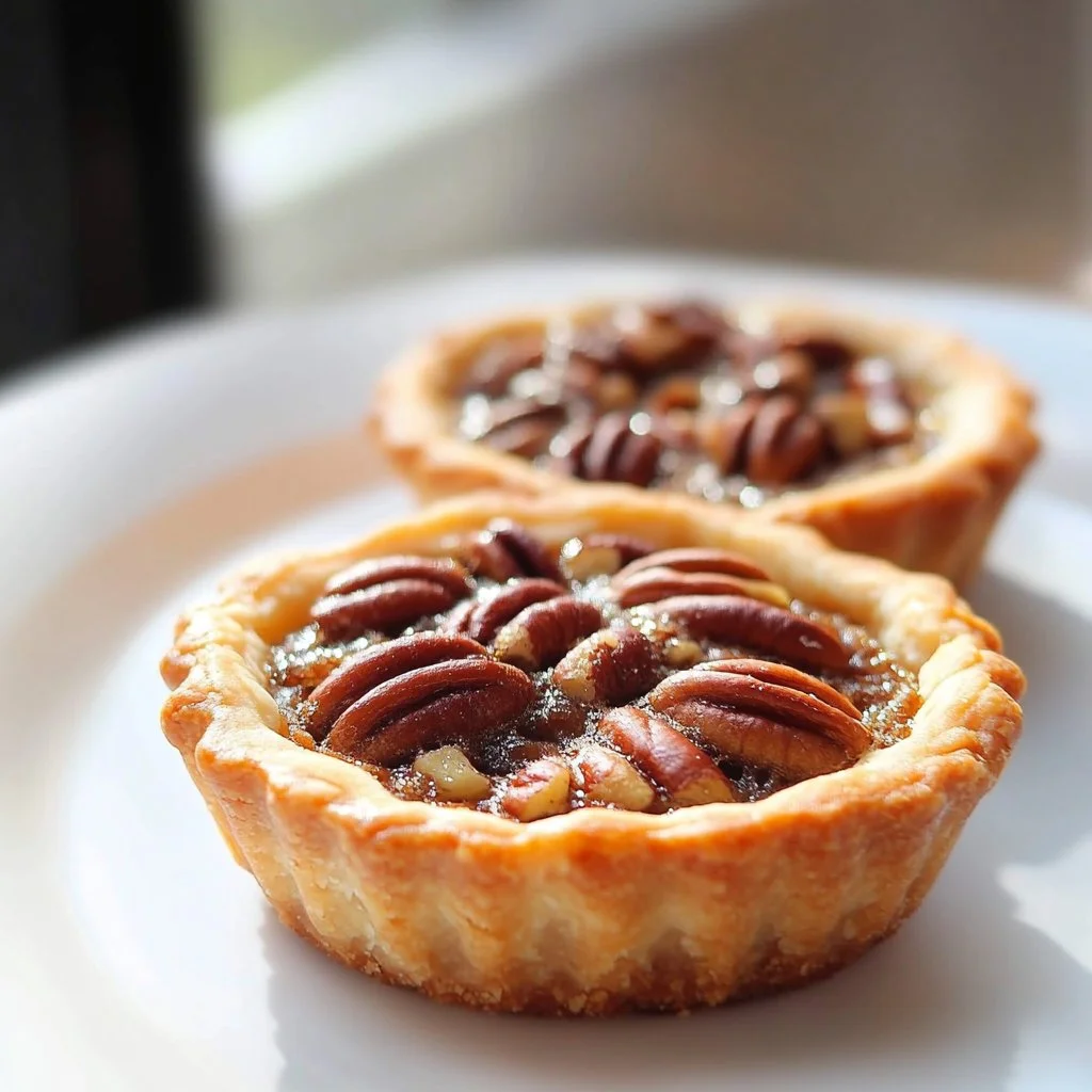 Delicious mini pecan pies served on a white plate, perfect for dessert.