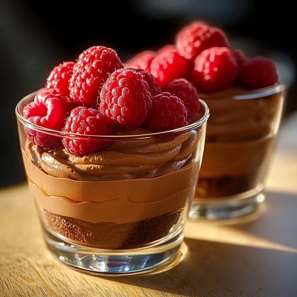 No-bake raspberry chocolate mousse cups topped with fresh raspberries