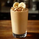 Creamy peanut butter banana smoothie in a glass with a straw